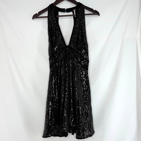Free People Size 4 Black Sequin Halter Dress Velvet Trim Open Back Holiday Party - Picture 1 of 6